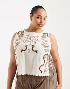 �G�C�\�X ���f�B�[�X �g�b�v�X �V���c �h�J ASOS Curve ASOS DESIGN Curve Angie Palm beach tropical embroidered tie side tank in stone �X�g�[��