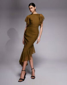 �G�C�\�X ���f�B�[�X �g�b�v�X �����s�[�X �A�V�����g���[ ���[�X�g���� ���[�X ASOS DESIGN high neckline midaxi dress with flutter sleeve and asymmetric hem shape with lace trim detail in olive �I���[�u
