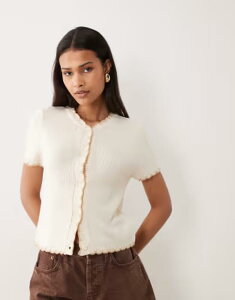 �~�X�Z���t�t���b�W ���f�B�[�X �A�E�^�[ �J�[�f�B�K�� Misselfridge short sleeve blanket stitch cardigan in cream and camel �N���[��