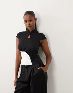�G�C�\�X ���f�B�[�X �g�b�v�X �V���c �M���U�[ �L���b�v ASOS DESIGN polyamide ruched mandarin cap sleeve top in chocolate �`���R���[�g