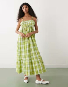 ���N���C�� ���B���e�[�W ���f�B�[�X �g�b�v�X �����s�[�X �t���� �}�L�V Reclaimed Vintage maxi cami smock dress with ruffles and bow straps check green �O���[��