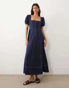 �G�C�\�X ���f�B�[�X �g�b�v�X �����s�[�X �R���g���X�g �}�L�V ASOS DESIGN square neck puff sleeve maxi dress with contrastitch seam detailing navy �l�C�r�[