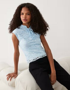 �~�X�Z���t�t���b�W ���f�B�[�X �g�b�v�X �V���c ���[�X Misselfridge lace top with tie-up mandarin collar BLUE �u���[
