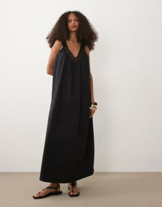 �G�C�\�X ���f�B�[�X �g�b�v�X �����s�[�X V�l�b�N �I�[�o�[���C ���[�X �}�L�V ASOS DESIGN v-neck poplin smock maxi sundress with lace overlay Black �u���b�N