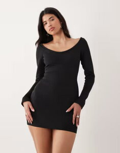 �G�C�\�X ���f�B�[�X �g�b�v�X �����s�[�X �~�j �X�L���[�o ASOS DESIGN shoulder grazer long sleeve scoop neck mini dresscuba-style fabric Black �u���b�N