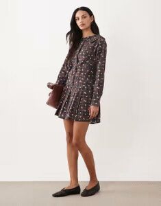 �~�X�Z���t�t���b�W ���f�B�[�X �g�b�v�X �����s�[�X �t�����[�� �V���c �t�����[ Misselfridge dropped waist shirt dress in floral plaid Check floral �`�F�b�N