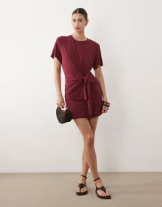 �G�C�\�X ���f�B�[�X �g�b�v�X �����s�[�X �^�C�f�B�e�[�� �~�j ASOS DESIGN modal short sleeve with tie detail mini dress in wine ���C��