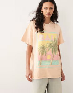 �~�X�Z���t�t���b�W ���f�B�[�X �g�b�v�X T�V���c �v�����g Misselfridge oversized T-shirt with beach Bali print in peach �s�[�`