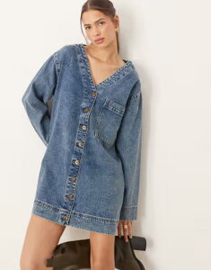 �G�C�\�X ���f�B�[�X �g�b�v�X �����s�[�X V�l�b�N ���B���e�[�W �V���c �f�j�� ASOS DESIGN denim boxy v-neck shirt dress with pocket in vintage Blue �u���[