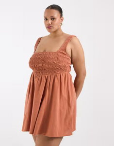 �G�C�\�X ���f�B�[�X �g�b�v�X �����s�[�X �~�j �R�b�g�� ASOS Curve ASOS DESIGN Curve Selina beach textured cotton shirred mini sundress in ginger