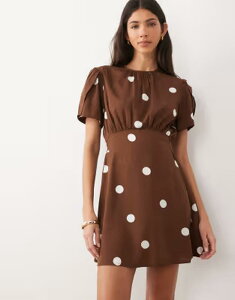 �E�F���Y�f�[�K�[�� ���f�B�[�X �g�b�v�X �����s�[�X �h�b�g �~�j Wednesday's Girl short sleeve mini dress polka dots BROWN �u���E��