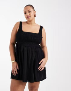 �G�C�\�X ���f�B�[�X �g�b�v�X �����s�[�X �~�j �R�b�g�� ASOS Curve ASOS DESIGN Curve Selina textured cotton shirred beach mini sundress Black �u���b�N