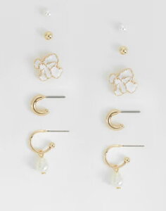 �G�C�\�X ���f�B�[�X �A�N�Z�T���[ �s�A�X�E�C�������O ASOS DESIGN multi-pack of earrings with faux-pearl and gold-tone mixed studs and hoops Multi �}���`�J���[