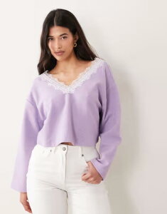�~�X�Z���t�t���b�W ���f�B�[�X �A�E�^�[ �j�b�g�E�Z�[�^�[ V�l�b�N ���[�X Misselfridge brushed rib V-neck top with lace in lilac ���C���b�N