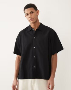 �W���b�N �A���h �W���[���Y �����Y �g�b�v�X �V���c ���l�� Jack & Jones oversize short sleeve linen blend shirt Black �u���b�N