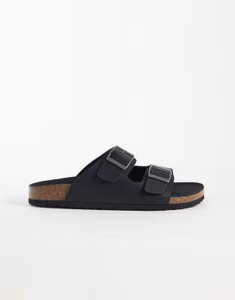 �G�C�\�X �����Y �V���[�Y �T���_�� ASOS DESIGN two strap sandals with cork soles in tumbled Black �u���b�N