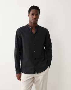 �W���b�N �A���h �W���[���Y �����Y �g�b�v�X �V���c ���l�� Jack & Jones grandad collar linen blend long sleeve shirt Black �u���b�N