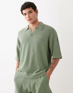 �G�C�\�X �����Y �g�b�v�X �|���V���c �j�b�g ASOS DESIGN oversized short sleeve knit boucle notch neck polo in sage green - part of a set SAGE �Z�[�W