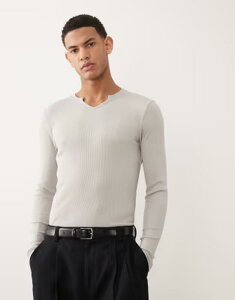 �G�C�\�X �����Y �g�b�v�X T�V���c ���u�j�b�g ASOS DESIGN muscle fit long sleeve t-shirt with notch neck in stone rib knit SWEATSHIRT GRAY �O���[