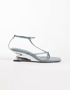 �G�C�\�X ���f�B�[�X �V���[�Y �T���_�� �~�j ASOS DESIGN Hightide minimal strappy electroplated wedge sandals in dusty blue �u���[