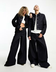 �R���[�W���� ���f�B�[�X �{�g���X �f�j���p���c ���C�h���b�O �W�[���Y COLLUSION Unisex wide leg jeans in raw - part of a set MID BLUE �u���[