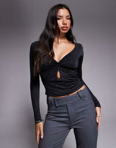 �^�C�K�[�~�X�g ���f�B�[�X �g�b�v�X �V���c �J�b�g�A�E�g Tiger Mist Saffira long sleeve plunge neck cut-out detail textured top - part of a set Black �u���b�N