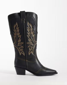 �G�C�\�X ���f�B�[�X �V���[�Y �u�[�c�E���C���u�[�c ASOS DESIGN Curve Celestine flat cowboy knee boots burnish BLACK BURNISH �u���b�N