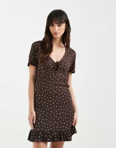 �I�����[ ���f�B�[�X �g�b�v�X �����s�[�X V�l�b�N �h�b�g �~�j ONLY v-neck mini dress polka dots BROWN �u���E��
