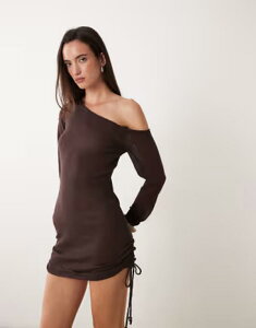 �~�X�Z���t�t���b�W ���f�B�[�X �g�b�v�X �����s�[�X �M���U�[ �~�j �V�A�[ �j�b�g Misselfridge sheer knit asym ruched mini dress in chocolate �`���R���[�g