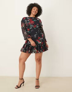 �G�C�\�X ���f�B�[�X �g�b�v�X �����s�[�X �V�t�H�� �t�����[�� �~�j �t�����[ ASOS Curve ASOS DESIGN Curve slash neck chiffon godet mini dress red floral Black red floral �u���b�N