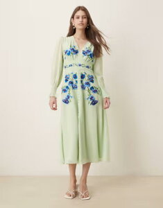 �z�[�v���A�C�r�[ ���f�B�[�X �g�b�v�X �����s�[�X �~�f�B �V�A�[ �h�J Hope & Ivy embroidered wrap front sheer sleeve midi dress in mint green �O���[��