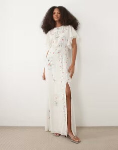 �z�[�v���A�C�r�[ ���f�B�[�X �g�b�v�X �����s�[�X �J�b�g�A�E�g �h�J �}�L�V Hope & Ivy embroidered cut-out back maxi dress with flutter sleeves WHITE �z���C�g