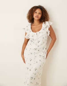 �G�C�\�X ���f�B�[�X �g�b�v�X �����s�[�X �t�����[�� �v�����g �t���� �}�L�V �t�����[ ASOS Curve ASOS DESIGN Curve ruffle sweetheart neckline textured maxi dress in cream floral print Floral ditsy print �N���[��