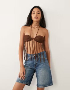 �~�X�Z���t�t���b�W ���f�B�[�X �A���_�[�E�F�A �u���W���[ �j�b�g Misselfridge festival crochet knitassel bra top in chocolate �`���R���[�g