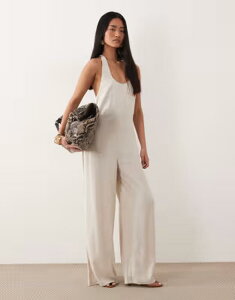 �G�C�\�X ���f�B�[�X �g�b�v�X �W�����v�X�[�c ���C�h���b�O ASOS DESIGN wide leg jumpsuit with twist back in stone �X�g�[��