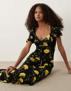 �G�C�\�X ���f�B�[�X �g�b�v�X �����s�[�X �t�����[�� �v�����g �}�L�V �t�����[ ASOS DESIGN scallop trim collar puff sleeve seam detailing maxi day dress in dark floral print Black floral �u���b�N