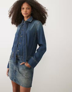 �}���S ���f�B�[�X �g�b�v�X �����s�[�X �~�j �R�b�g�� �f�j�� Mango 100% cotton denim long sleeve mini dress in mid BLUE �u���[