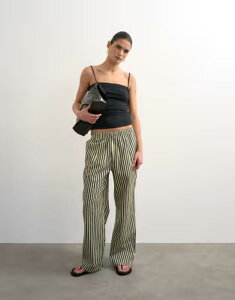 �g�b�v�V���b�v ���f�B�[�X �{�g���X �J�W���A���p���c ���C�h���b�O Topshopoplin wide leg pull on pantstripes Navy stripe �l�C�r�[