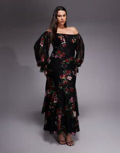 �G�C�\�X ���f�B�[�X �g�b�v�X �����s�[�X �e�B�A�[�h �t�����[�� �v�����g �t���� �}�L�V �t�����[ ASOS Curve ASOS DESIGN Curve bardot ruffle maxi dress with tiered godets and blouson sleeves in floral print Floral Prin