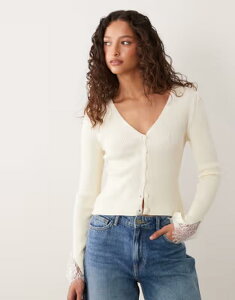 �~�X�Z���t�t���b�W ���f�B�[�X �A�E�^�[ �J�[�f�B�K�� ���[�X�g���� ���[�X Misselfridge lace trim cardigan with fluted sleeves CREAM �N���[��