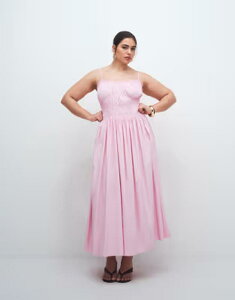 �G�C�\�X ���f�B�[�X �g�b�v�X �����s�[�X �R�b�g�� ASOS Curve ASOS DESIGN Curve shirred cotton poplin midaxi sundress with dropped waistripes Pink Stripe �s���N