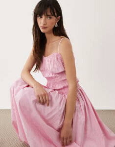 �G�C�\�X ���f�B�[�X �g�b�v�X �����s�[�X �R�b�g�� �}�L�V ASOS DESIGN shirred cotton poplin maxi sundress with dropped waistripes Pink Stripe �s���N