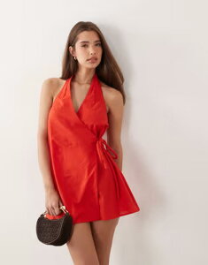 �G�C�\�X ���f�B�[�X �g�b�v�X �����s�[�X �~�j �R�b�g�� ���l�� �z���^�[ ASOS DESIGN cotton-linen blend halter neck wrap mini sundress Red ���b�h