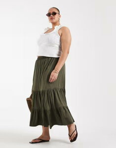 �I�����[�J�[�u ���f�B�[�X �{�g���X�J�[�g �e�B�A�[�h ONLY Curve tiered midaxi skirt Khaki �J�[�L