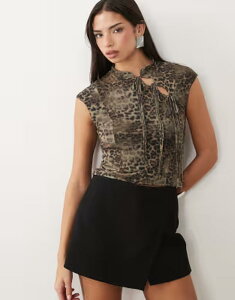 �G�C�\�X ���f�B�[�X �g�b�v�X �V���c �^�C�f�B�e�[�� �v�����g ���b�V�� �L���b�v ASOS DESIGN printed mesh capped sleeve tie detail top in animal Multi �}���`�J���[