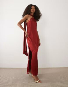 �}���S ���f�B�[�X �g�b�v�X �����s�[�X �T�e�� �L���b�v ���[�X �}�L�V Mango Capsule one shoulder satin maxi dress with lace detail RED ���b�h
