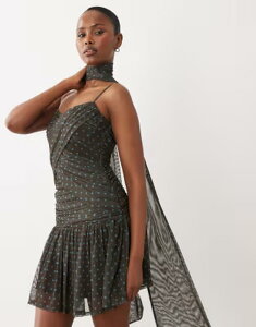 �G�C�\�X ���f�B�[�X �g�b�v�X �����s�[�X �h�b�g�� �h���[�v �h�b�g �~�j ���b�V�� ASOS DESIGN scarf detail polka dot mesh mini dress with drapedetail in chocolate �`���R���[�g