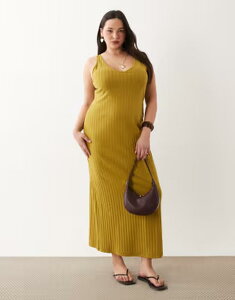 �G�C�\�X ���f�B�[�X �g�b�v�X �����s�[�X V�l�b�N �~�f�B �m�[�X���[�u ASOS Curve ASOS DESIGN Curve wide rib sleeveless V-neck midi dress Khaki �J�[�L
