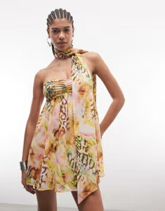 �G�[�G�t�A�[���G�� ���f�B�[�X �g�b�v�X �����s�[�X �v�����g �~�j AFRM Whyte detachable scarf detail bandeau mini dress multi print PINK �s���N