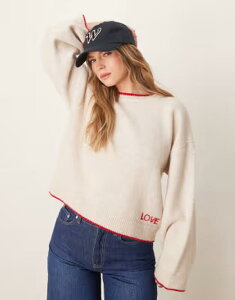 �G�C�\�X ���f�B�[�X �A�E�^�[ �j�b�g�E�Z�[�^�[ �R���g���X�g ASOS DESIGN knit sweater with contrast blanket stitch and embroidery in ecru �G�N����